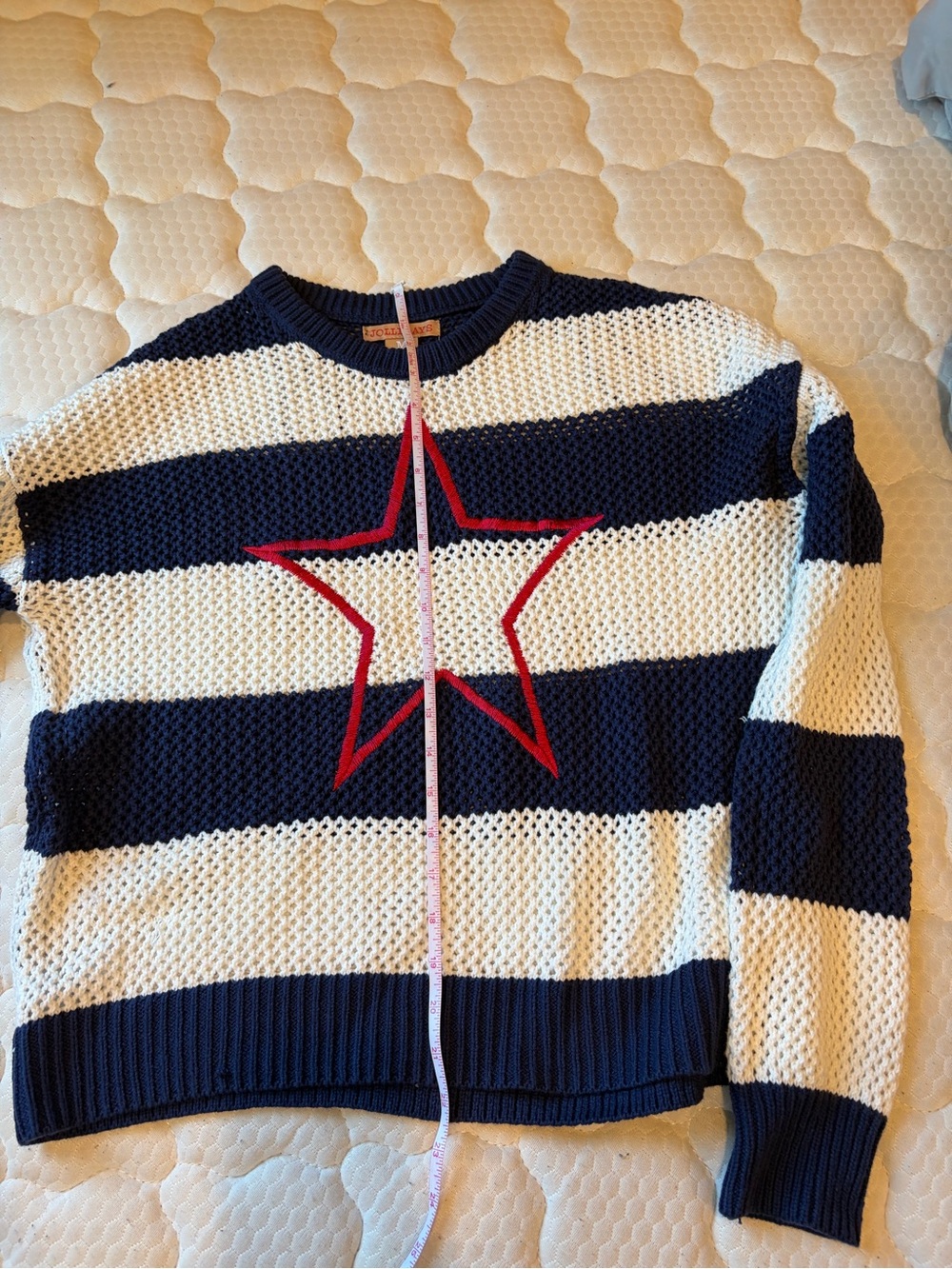 JOLLIDAY Striped  Navy & Cream Crewneck Sweater with Red Star - women - Picture 3 of 7